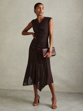 NWT Reiss Lyra Mesh Ruched Midi Dress – Rich Chocolate Brown – Size US 6 (UK 10)